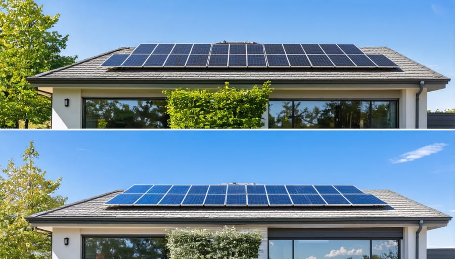 Side-by-side comparison of a house before and after solar panel installation with social media engagement statistics