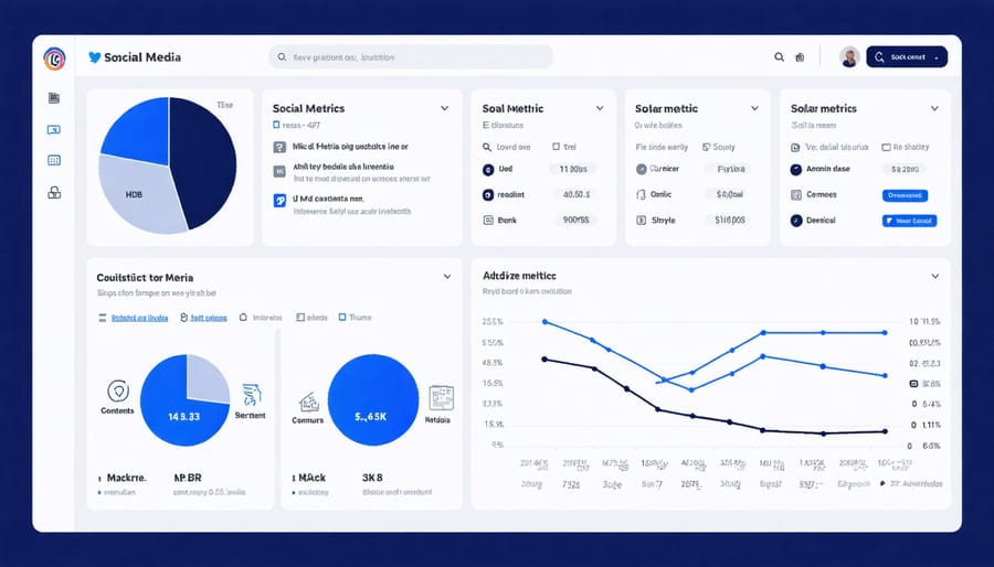Social media analytics dashboard displaying engagement rates, reach, and conversion metrics for solar content