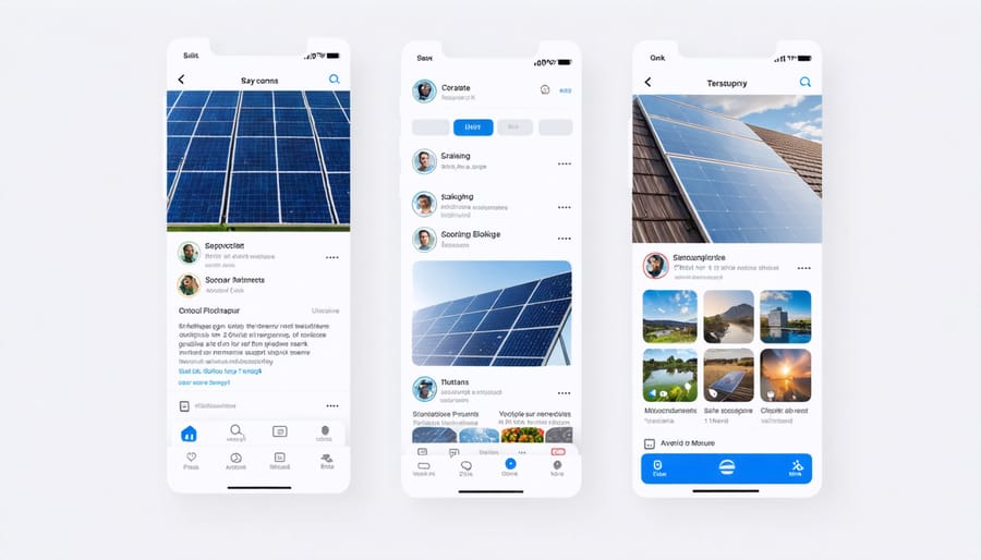 Professional social media profiles for a solar company showing consistent branding across Instagram, LinkedIn, and Facebook