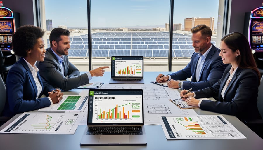 Business professionals reviewing solar energy planning documents and data at office desk