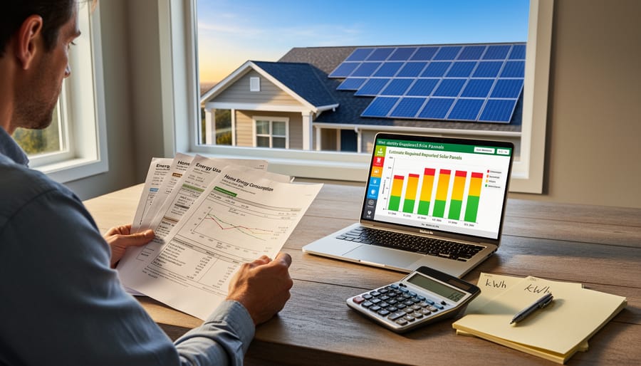 Homeowner reviewing utility bills on rooftop with solar panels