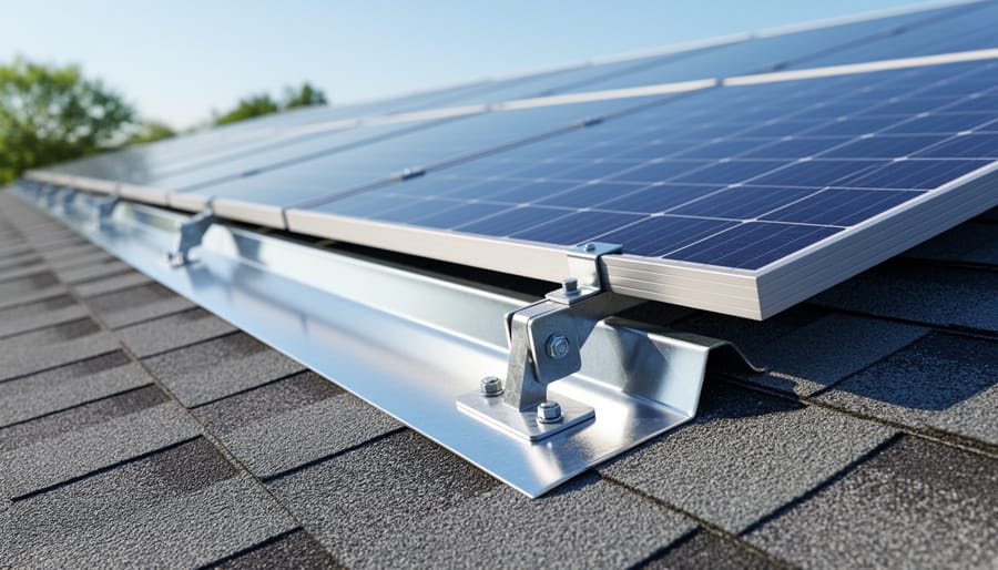 Close-up of solar racking rails and flashing mounted to a residential roof
