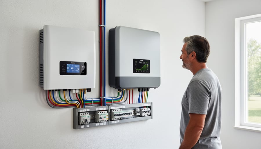 Home electrical equipment closet showing solar inverter and connected conduit wiring