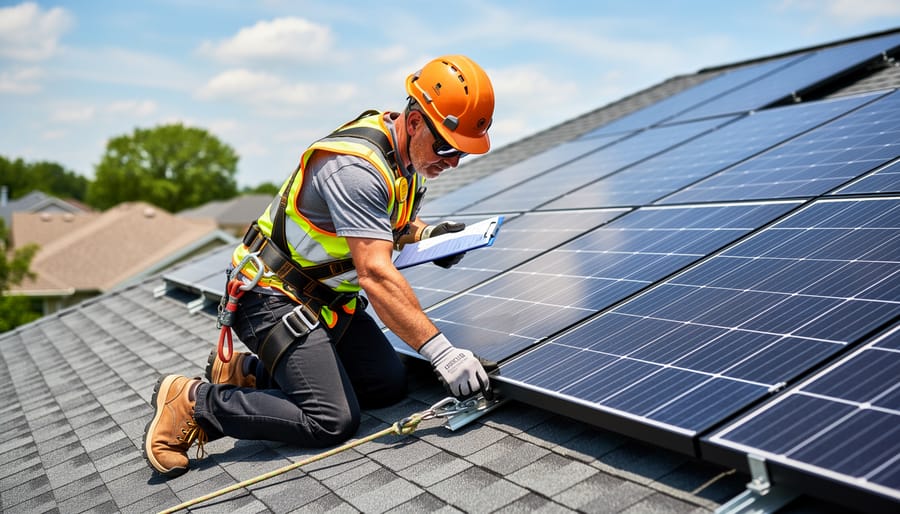 Homeowner wearing safety gear on a ladder beside installed solar panels on a residential roof
