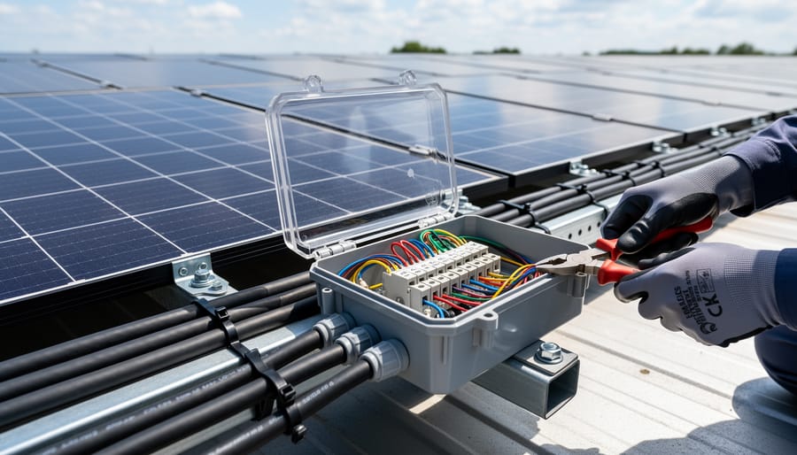 Installer connecting solar panel DC wiring connectors on a roof