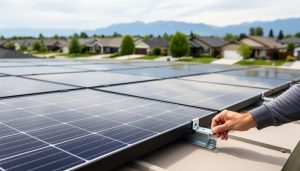 Home rooftop with neatly installed solar panels under natural daylight, captured from a low upward angle.