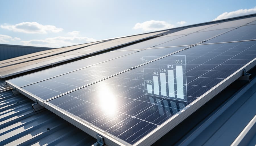 Close-up of solar panel reflecting sunlight on a bright day