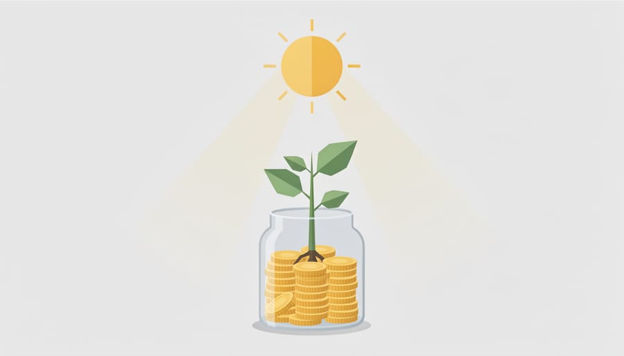Coins in a glass jar with a small plant symbolizing long-term savings