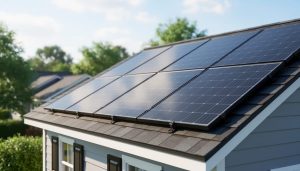 “Solar panels installed on a modern home rooftop under bright daylight, shown from a low angle with a softly blurred neighborhood background.”