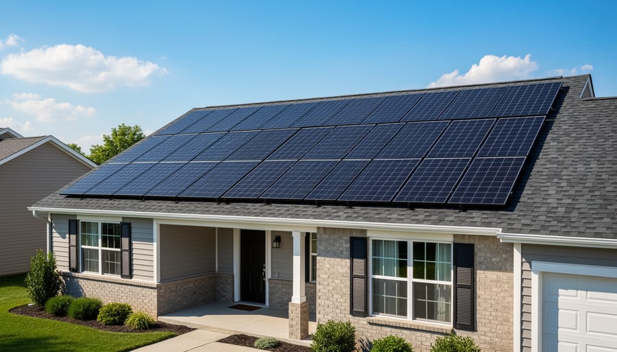 Solar panels installed on a residential rooftop during golden hour sunlight