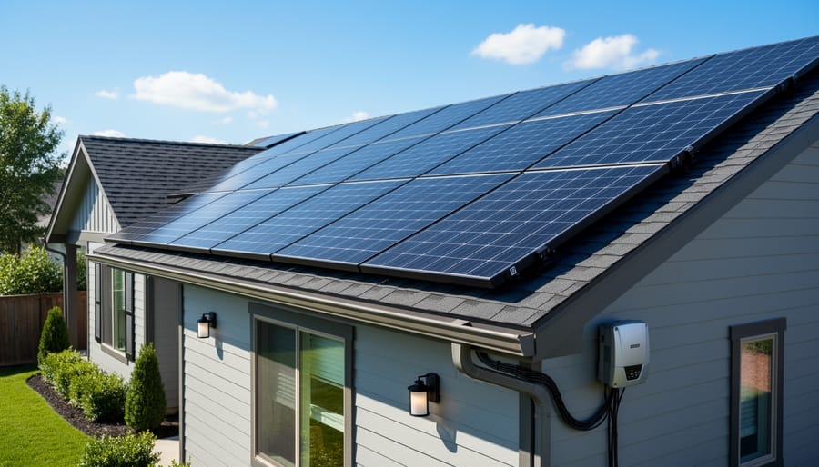 Residential rooftop solar panels mounted on a sloped roof under golden hour sunlight