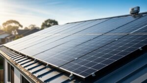 Residential rooftop with angled solar panels catching morning sunlight and a small inverter unit near the roof edge.