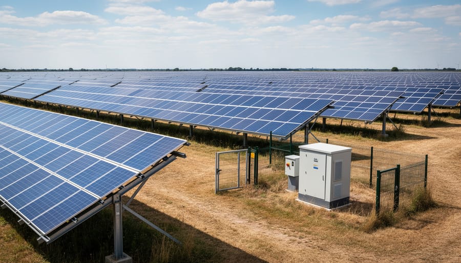 Solar farm with many photovoltaic panels arranged across open land under an overcast sky