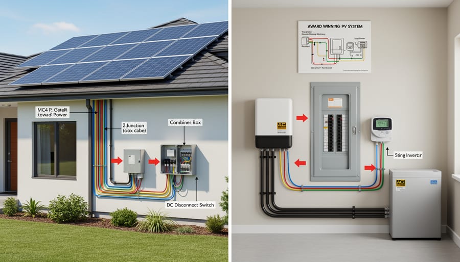 Technician hand connecting solar panel wiring near an inverter on mounting hardware